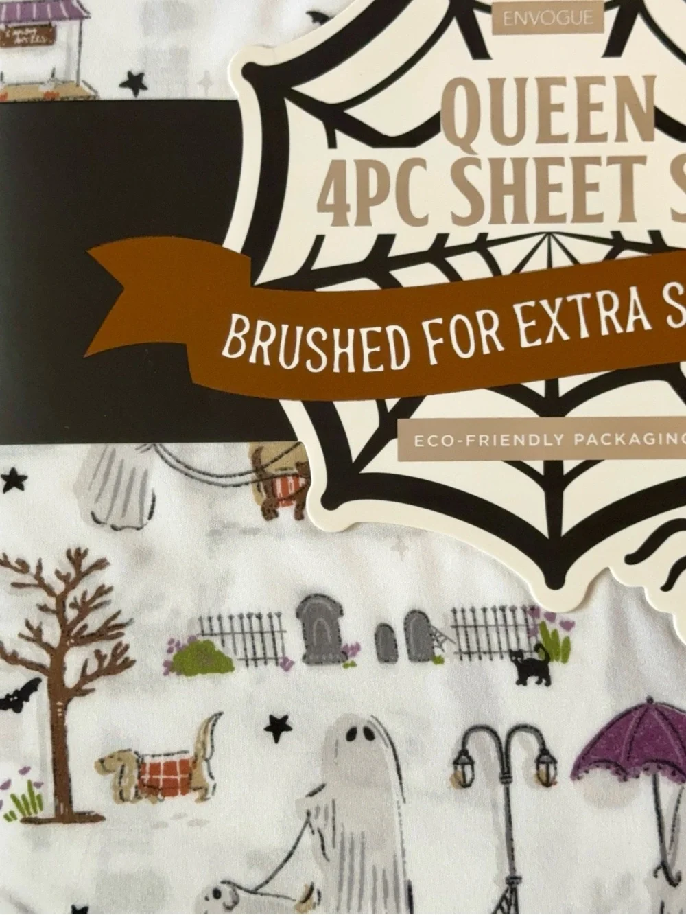 Envogue White Halloween Ghost Print Queen 4pc Sheet Set